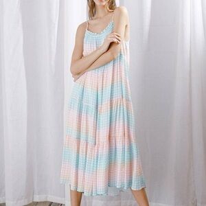 Storia maxi dress gingham size Medium tiered ruffle pastel pink white baby blue